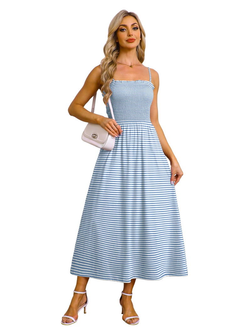OFEEFAN Maxi Dress Spaghetti Strap Spring Sundresses for Women with Pockets 2026 Summer Swing Dresses Blue Striped XL - Image 3
