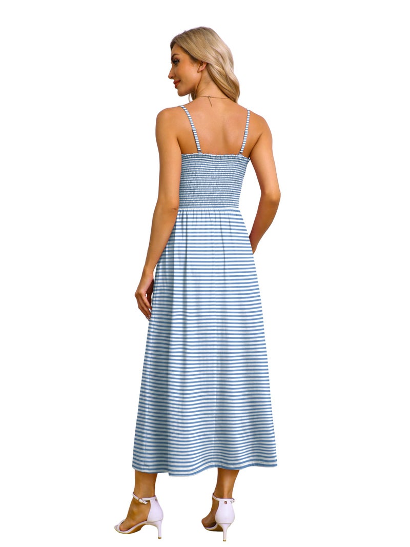 OFEEFAN Maxi Dress Spaghetti Strap Spring Sundresses for Women with Pockets 2026 Summer Swing Dresses Blue Striped XL - Image 5