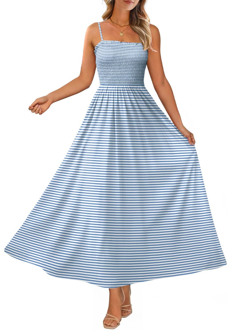 OFEEFAN Maxi Dress Spaghetti Strap Spring Sundresses for Women with Pockets 2026 Summer Swing Dresses Blue Striped XL - Image 2