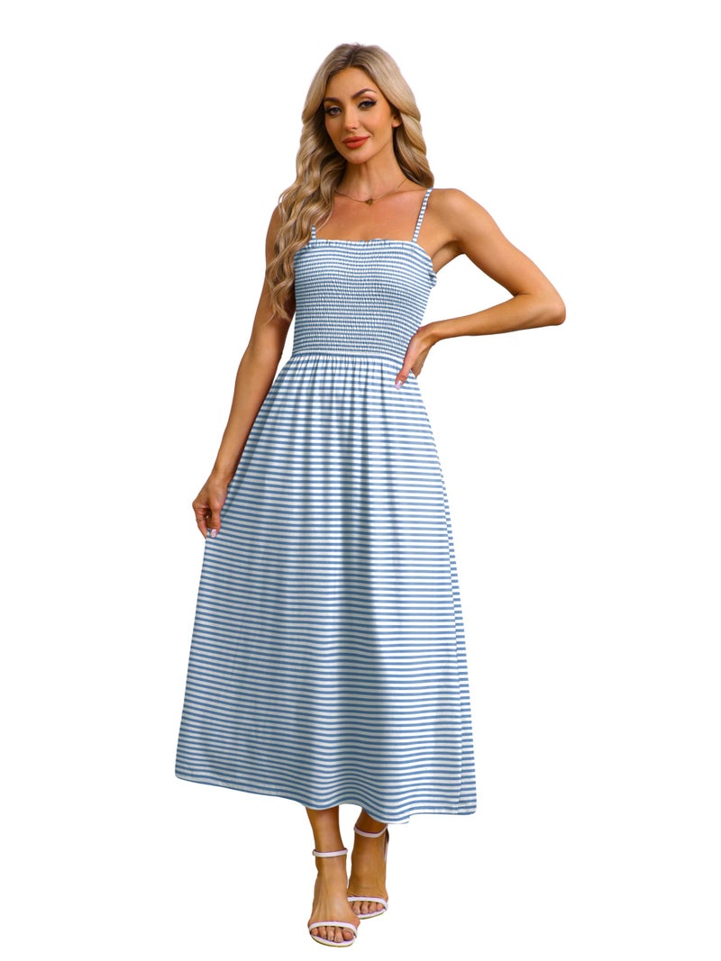 OFEEFAN Maxi Dress Spaghetti Strap Spring Sundresses for Women with Pockets 2026 Summer Swing Dresses Blue Striped XL - Image 4