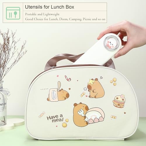 DEVICO Travel Utensils with Case Cute, Reusable Silverware for Lunch, Portable Cutlery Set, 18/8 Stainless Steel Fork Spoon Chopsticks in Cartoon Case, Dishwasher Safe (White) - Image 4