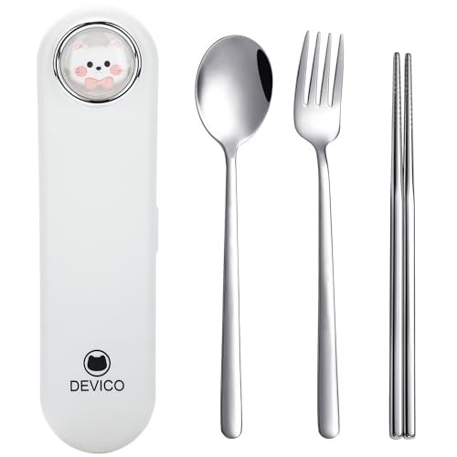 DEVICO Travel Utensils with Case Cute, Reusable Silverware for Lunch, Portable Cutlery Set, 18/8 Stainless Steel Fork Spoon Chopsticks in Cartoon Case, Dishwasher Safe (White) - Image 1