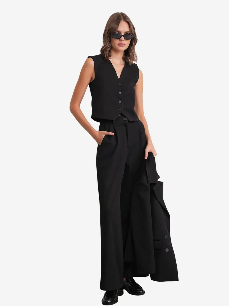 Mixray Black Mixray Pleated Palazzo Pants with Pockets for Women | Best Price UAE