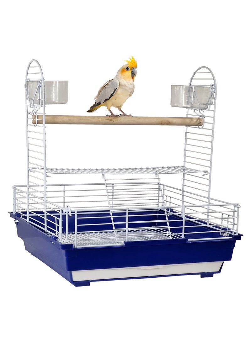 MAJIBAO Bird stand cage with wooden perch, feeding bowls, and removable tray, Portable bird playground for small and medium birds, Open design metal bird cage 46 cm (Blue) - Image 1