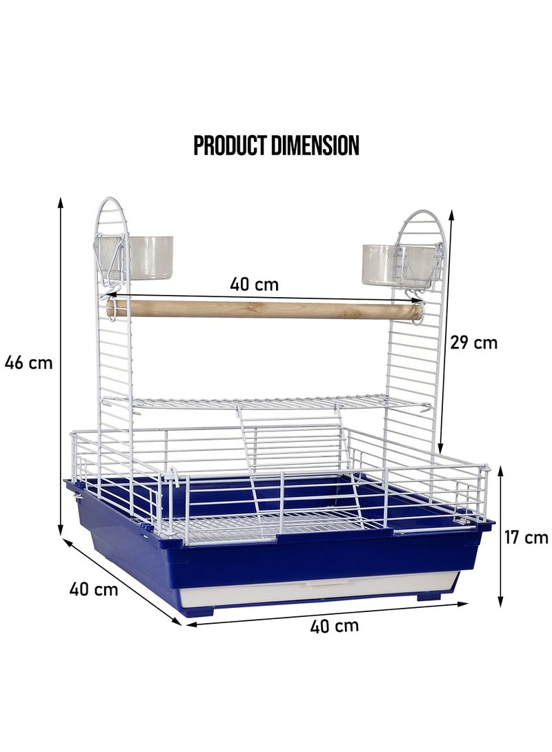 MAJIBAO Bird stand cage with wooden perch, feeding bowls, and removable tray, Portable bird playground for small and medium birds, Open design metal bird cage 46 cm (Blue) - Image 2