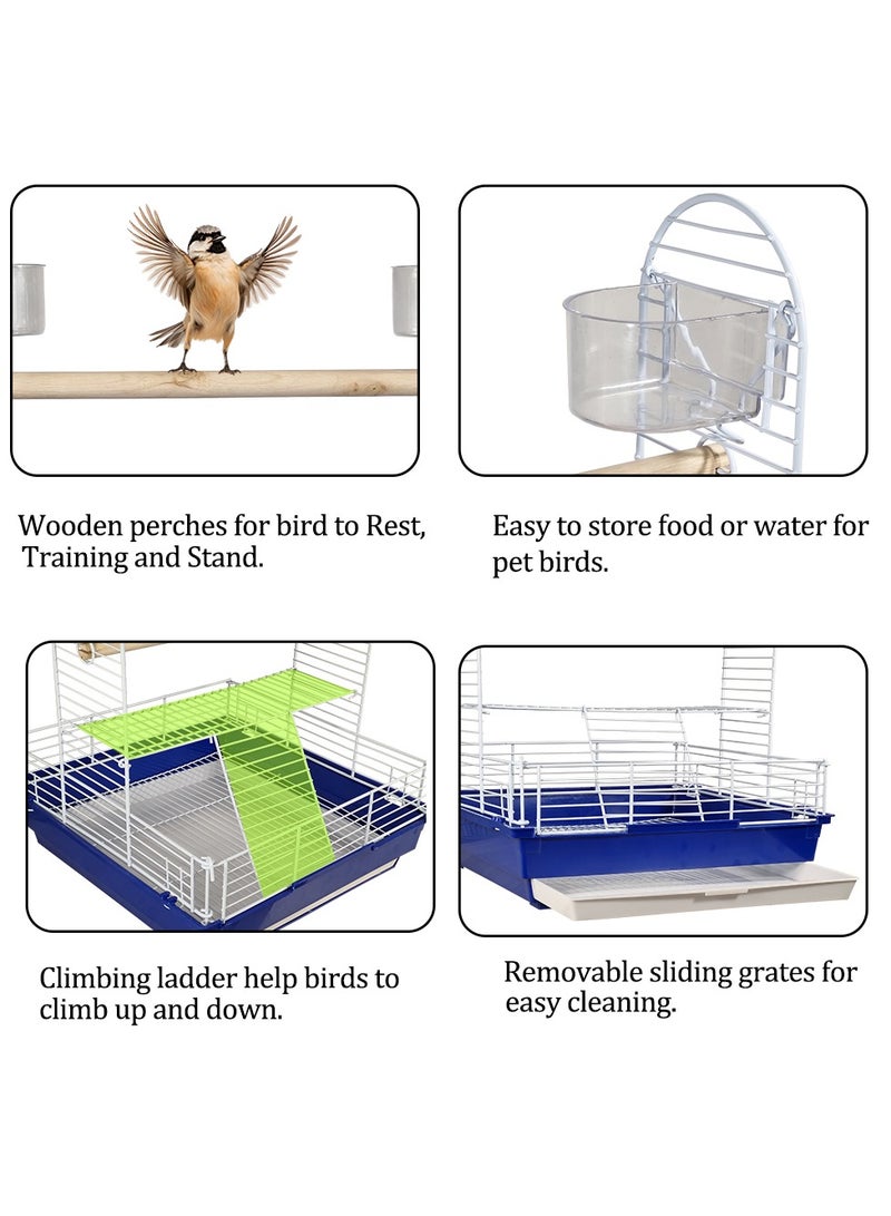 MAJIBAO Bird stand cage with wooden perch, feeding bowls, and removable tray, Portable bird playground for small and medium birds, Open design metal bird cage 46 cm (Blue) - Image 3