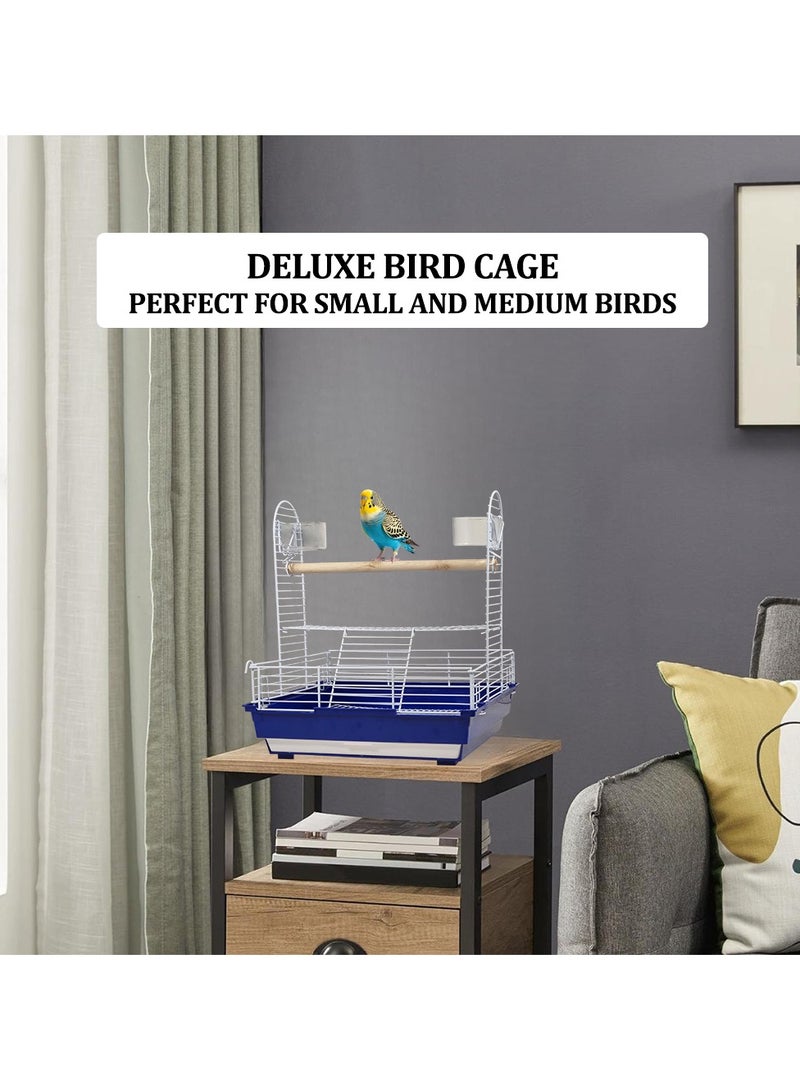 MAJIBAO Bird stand cage with wooden perch, feeding bowls, and removable tray, Portable bird playground for small and medium birds, Open design metal bird cage 46 cm (Blue) - Image 4