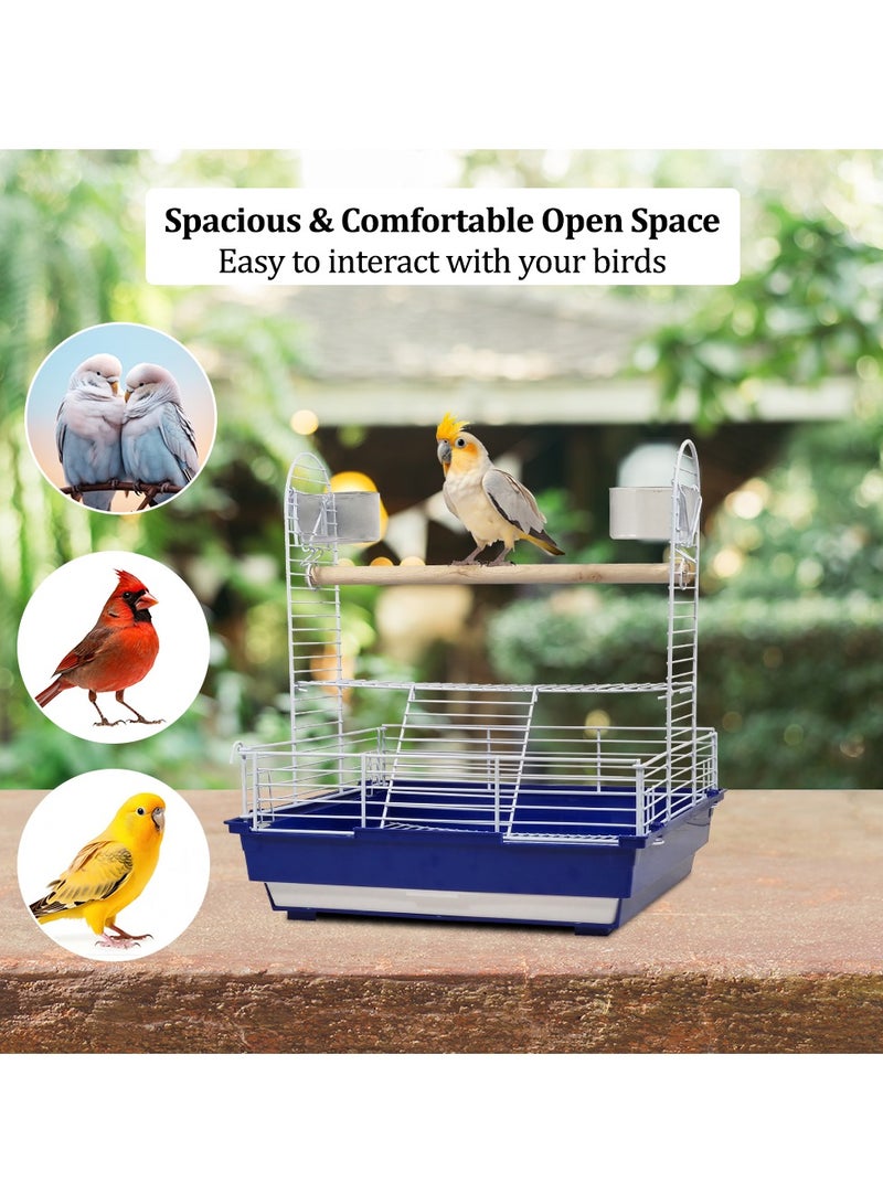 MAJIBAO Bird stand cage with wooden perch, feeding bowls, and removable tray, Portable bird playground for small and medium birds, Open design metal bird cage 46 cm (Blue) - Image 5