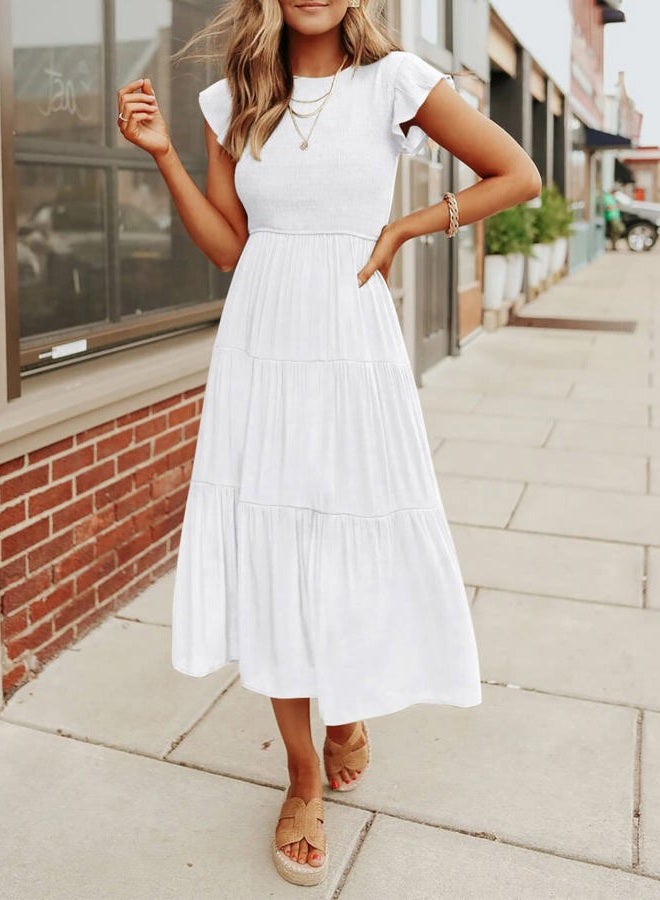 MEROKEETY Women's Flutter Short Sleeve Smocked Midi Dress Summer Casual Tiered A-Line Dress, White, S - Image 4