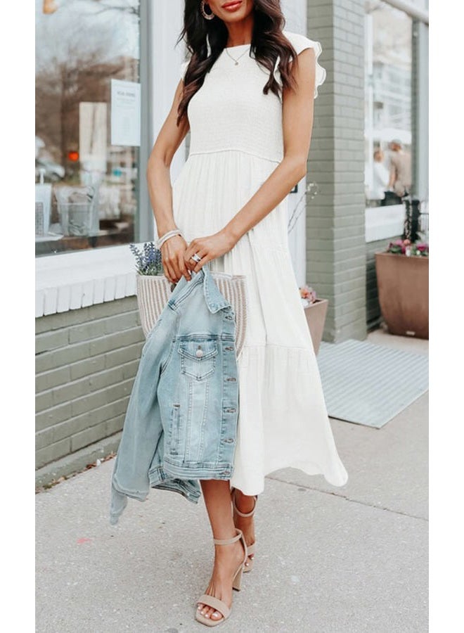 MEROKEETY Women's Flutter Short Sleeve Smocked Midi Dress Summer Casual Tiered A-Line Dress, White, S - Image 2