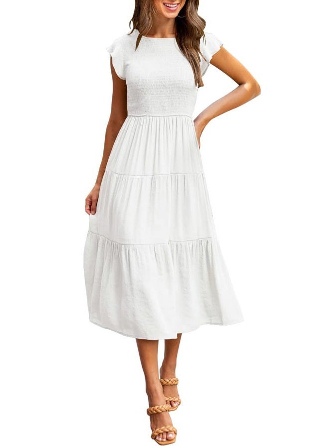 MEROKEETY Women's Flutter Short Sleeve Smocked Midi Dress Summer Casual Tiered A-Line Dress, White, S - Image 1