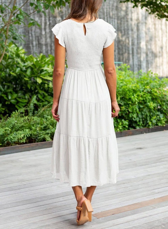 MEROKEETY Women's Flutter Short Sleeve Smocked Midi Dress Summer Casual Tiered A-Line Dress, White, S - Image 3