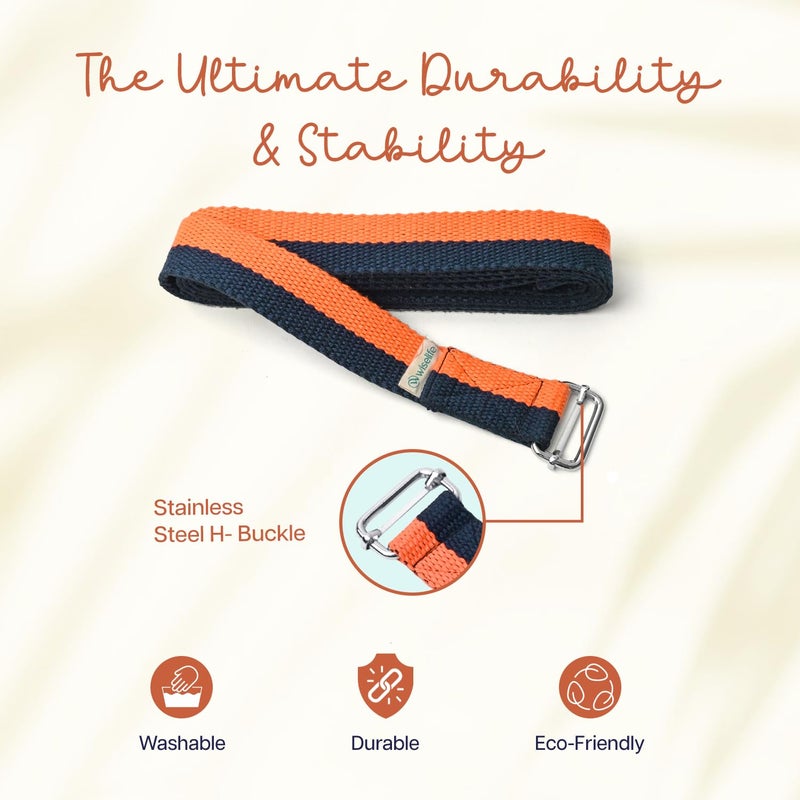 WISELIFE Yoga Stretch Belt/Strap | Best for Daily Stretching, Yoga, Pilates, Physical Therapy, Fitness | 8 Feet Premium Cotton Strech Band (Orange - Navy Blue) - Image 2