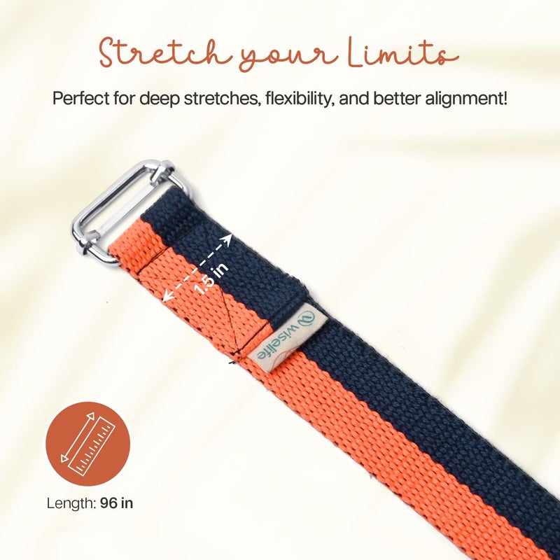 WISELIFE Yoga Stretch Belt/Strap | Best for Daily Stretching, Yoga, Pilates, Physical Therapy, Fitness | 8 Feet Premium Cotton Strech Band (Orange - Navy Blue) - Image 5