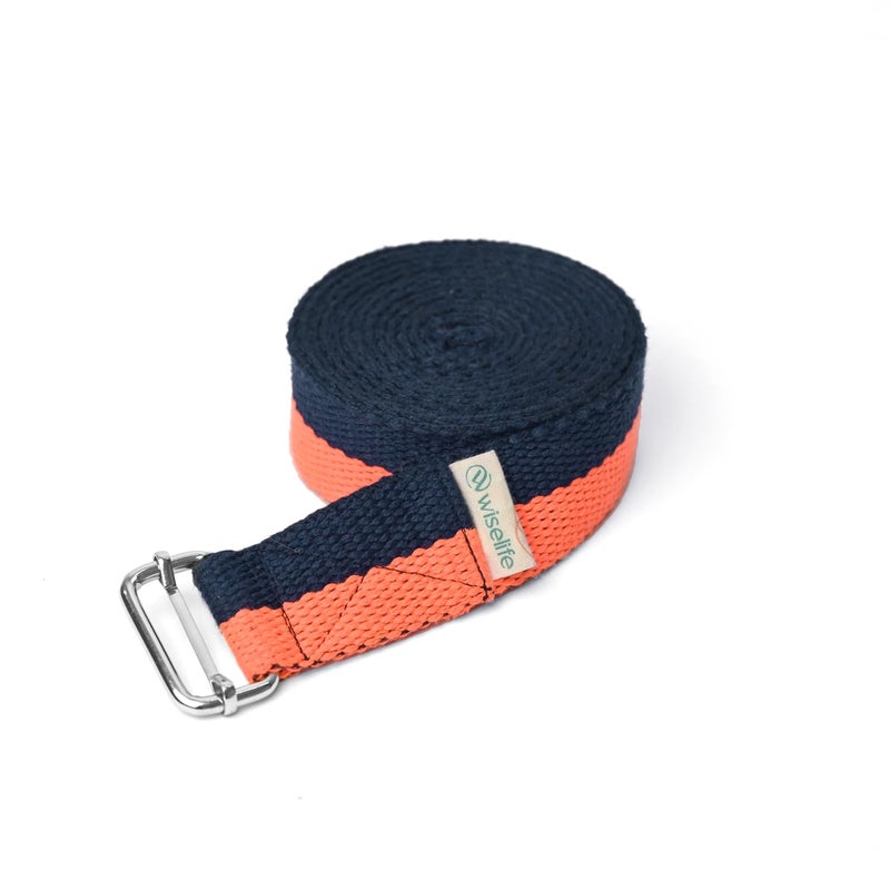 WISELIFE Yoga Stretch Belt/Strap | Best for Daily Stretching, Yoga, Pilates, Physical Therapy, Fitness | 8 Feet Premium Cotton Strech Band (Orange - Navy Blue) - Image 1