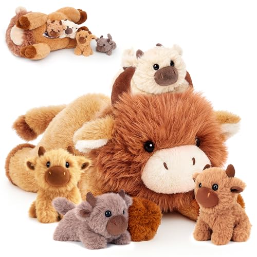 Easfan 5PCS Highland Cow Stuffed Animal 16 Lying Mommy Cow with 4 Baby Cows InsideRealistic Fluffy Scottish Plushie for Baby Girls Boys Toddlers Kids - Image 1