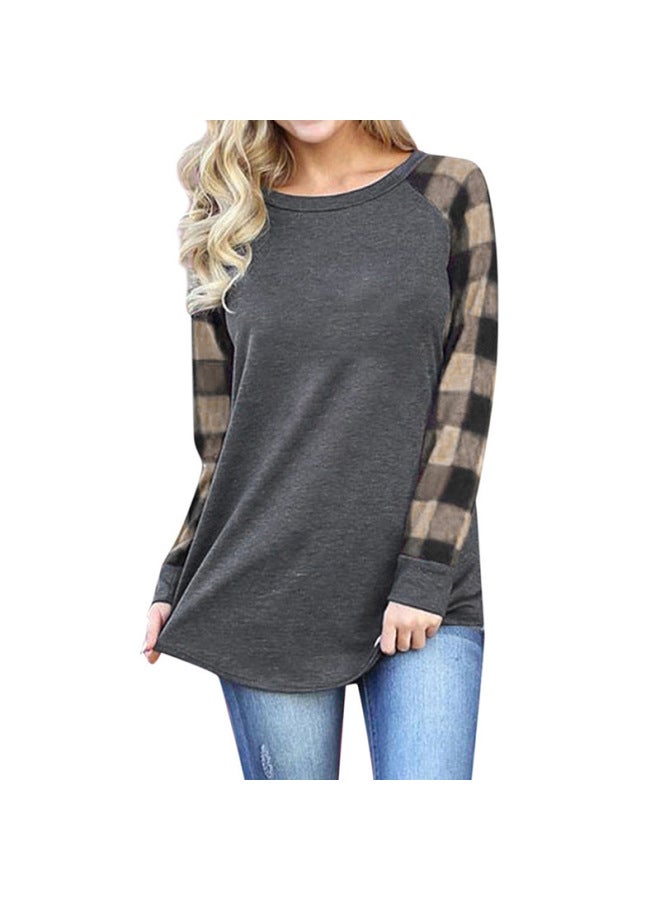 Women's Checkered Base Coat Crew Neck Shoulder Long Sleeve T-shirt Women's Direct