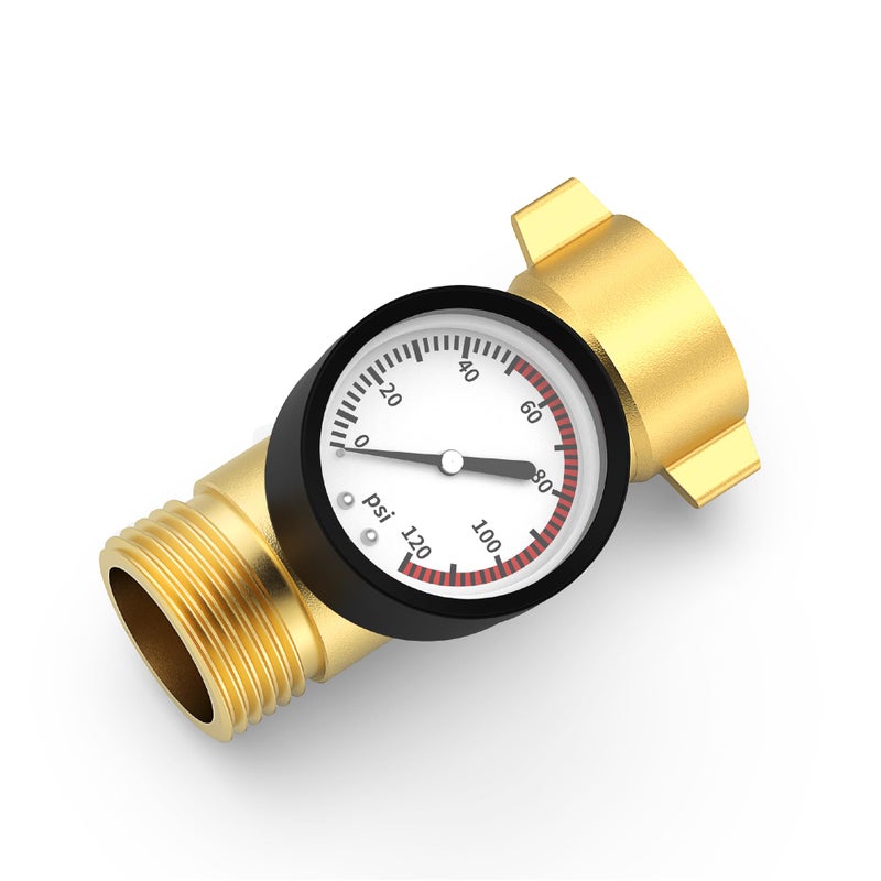 Rvhouse Brass RV Water Pressure Regulator with Gauge, RV Pressure Regulator Water with Filter Screen and NSF Certified, Easy Read Gauge, Fits Most RVs, Campers, Plumbing Systems, Travel Trailers - Image 1