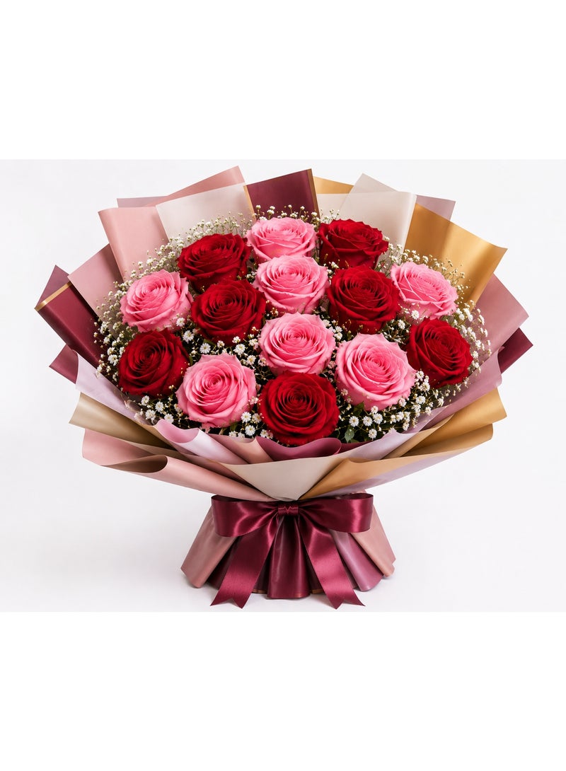 Fresh Flower Bouquet with 14 Premium Roses (7 Red, 7 Pink) and Baby's Breath, Layered Wrapping