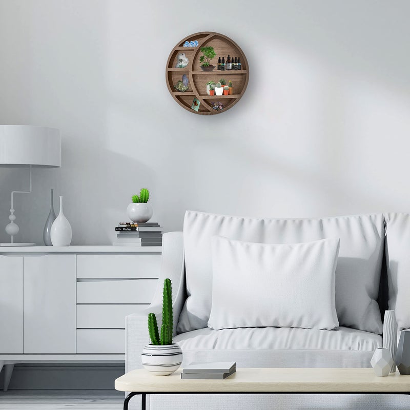 Nimpro Wooden Floating Moon Shelf Wall Decor - Decorative Boho Home Hanging Display Shelf for Bedroom, Dorm, Nursery - Easy Mount Storage for Crystals and Essential Oils - 14 x 14 x 3.5 (Light Brown) - Image 4