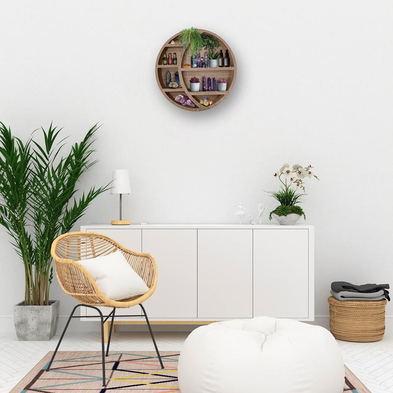 Nimpro Wooden Floating Moon Shelf Wall Decor - Decorative Boho Home Hanging Display Shelf for Bedroom, Dorm, Nursery - Easy Mount Storage for Crystals and Essential Oils - 14 x 14 x 3.5 (Light Brown) - Image 5