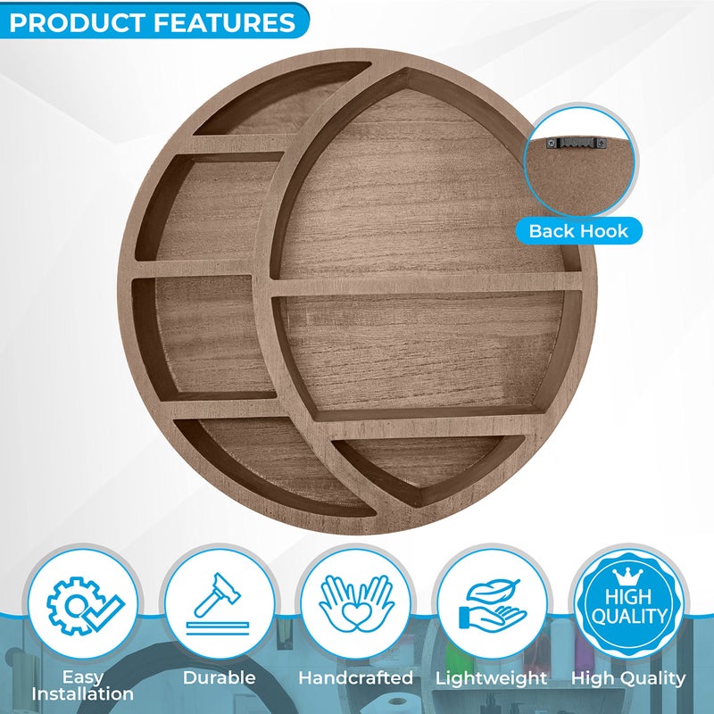 Nimpro Wooden Floating Moon Shelf Wall Decor - Decorative Boho Home Hanging Display Shelf for Bedroom, Dorm, Nursery - Easy Mount Storage for Crystals and Essential Oils - 14 x 14 x 3.5 (Light Brown) - Image 3