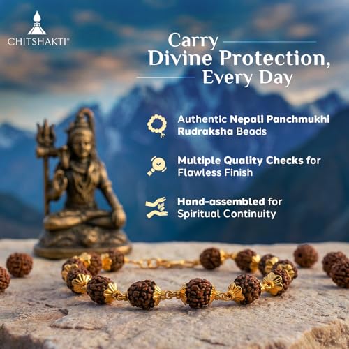 Chitshakti Classic Rudraksha Bracelet | Premium Panchmukhi Rudraksha | Gold Plated Men's Bracelet | Spiritual Jewellery - Image 3