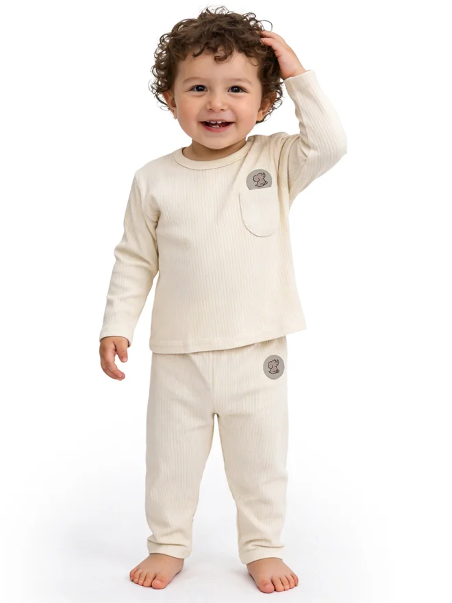 بابيز_بيسك Babies Basic Premium Ribbed Cotton Long Sleeves Top and Bottom Set