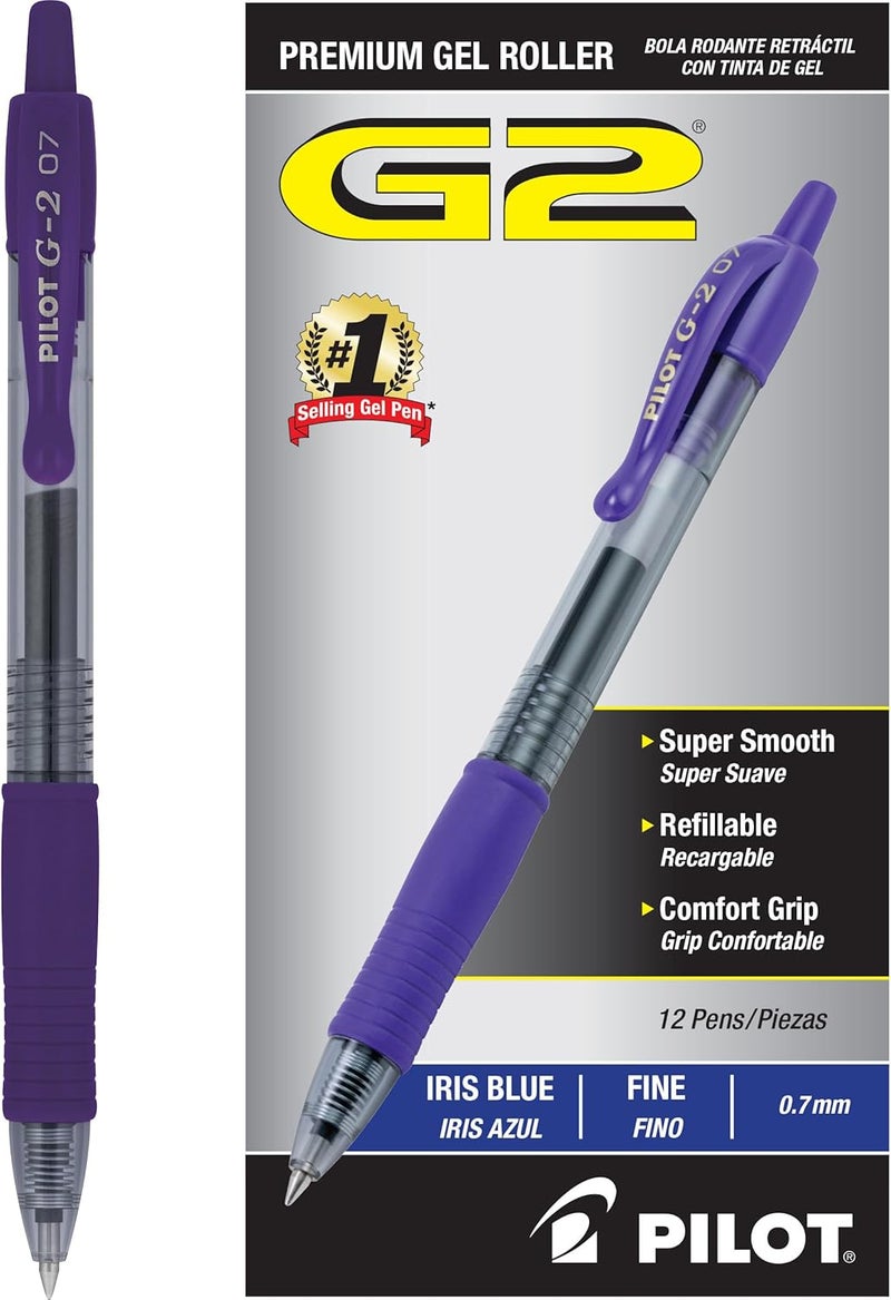 PILOT G2 Premium Gel Roller Pens, Fine Point 0.7 mm, Iris Blue Ink Pens Fine Point, Pack of 12 - Ideal for School, Journaling, and Office Writing - Image 1