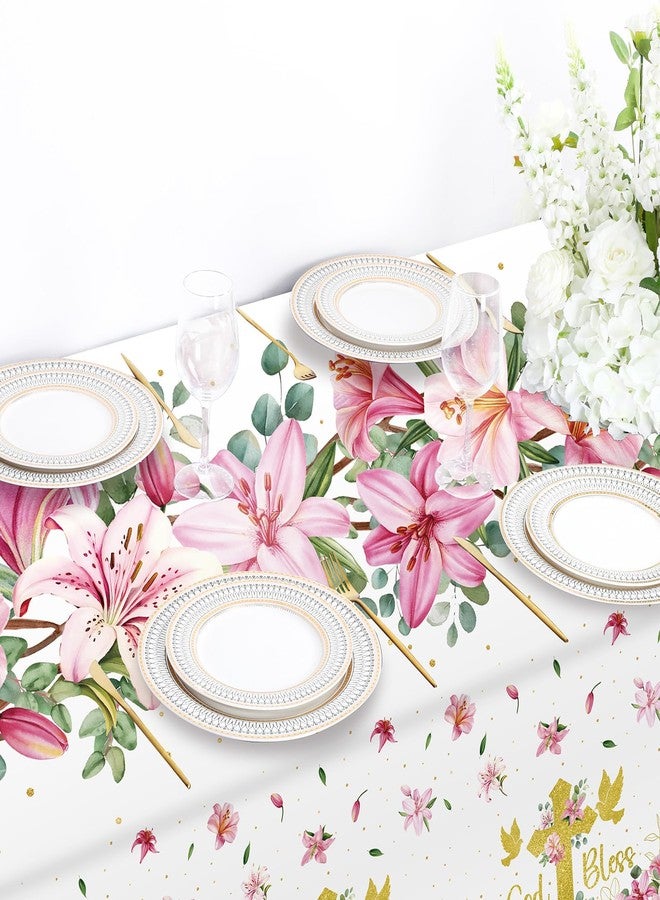 Oudain 3 Pcs First Communion Baptism Party Tablecloths Decorations Plastic Christening God Bless Table Cover for First Communion Newborn Church Supplies, 54 x 108 Inch (Pink) - Image 5