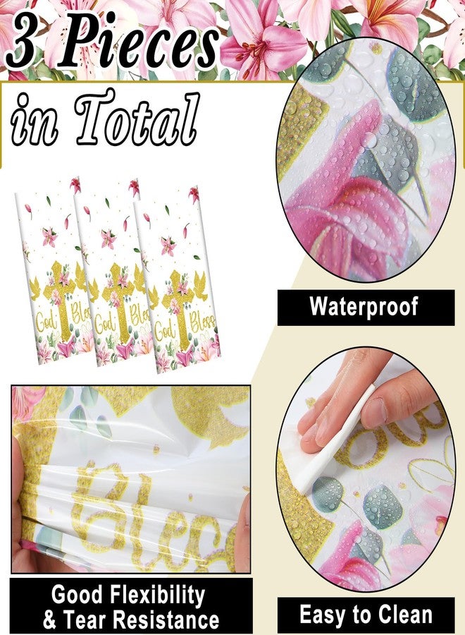 Oudain 3 Pcs First Communion Baptism Party Tablecloths Decorations Plastic Christening God Bless Table Cover for First Communion Newborn Church Supplies, 54 x 108 Inch (Pink) - Image 2