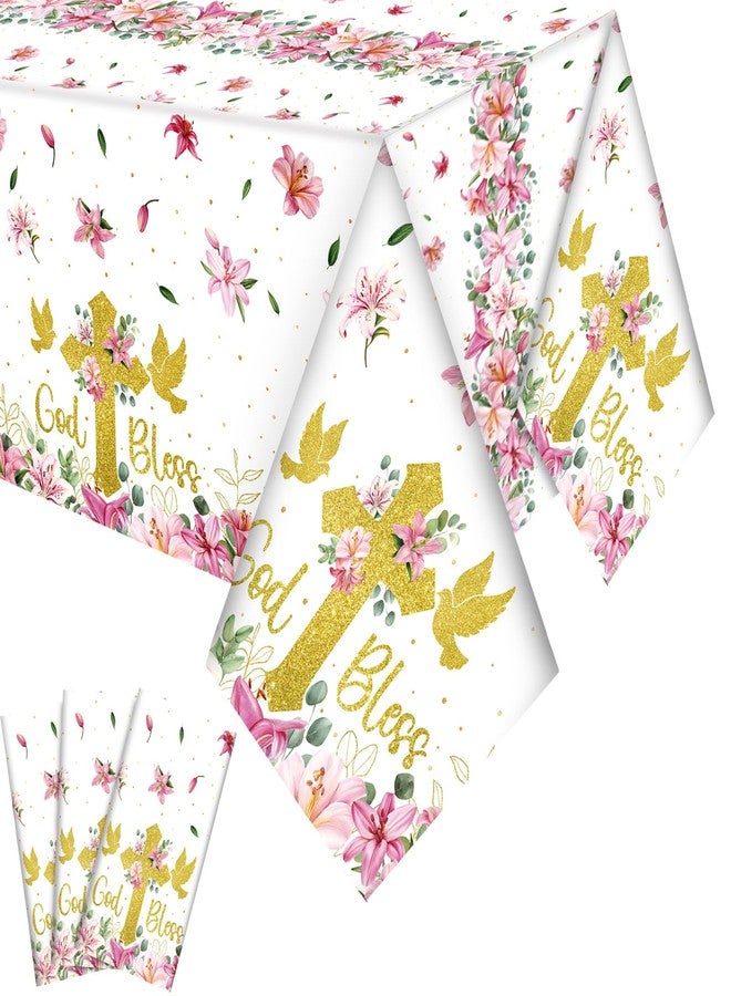 Oudain 3 Pcs First Communion Baptism Party Tablecloths Decorations Plastic Christening God Bless Table Cover for First Communion Newborn Church Supplies, 54 x 108 Inch (Pink) - Image 1