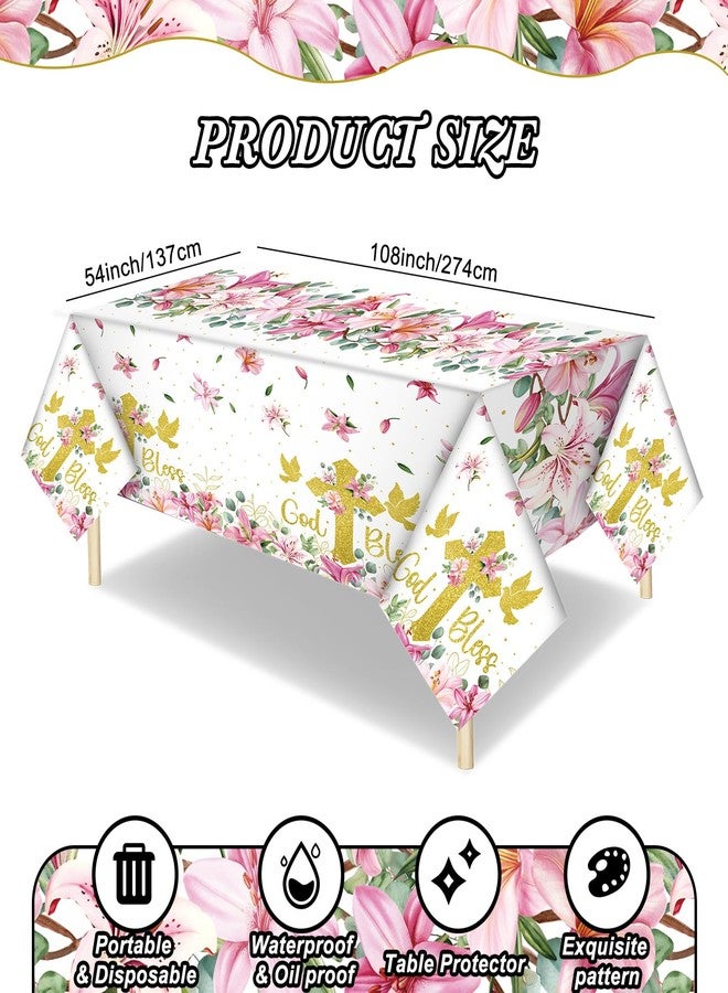 Oudain 3 Pcs First Communion Baptism Party Tablecloths Decorations Plastic Christening God Bless Table Cover for First Communion Newborn Church Supplies, 54 x 108 Inch (Pink) - Image 3