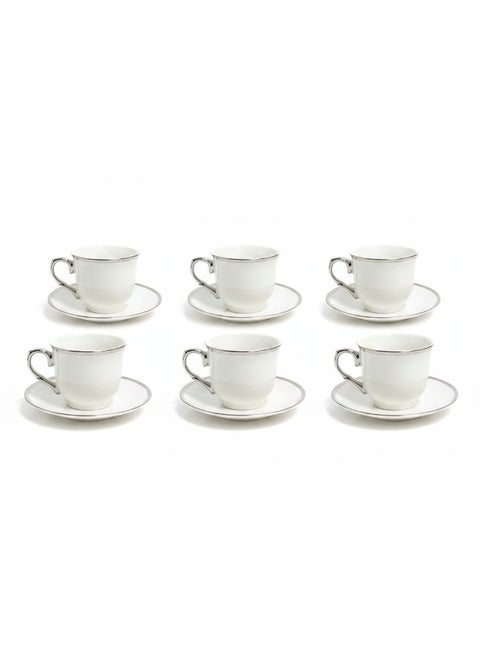 BAYTIX 12PCS Ceramic Cup & Saucer Set | 220ml | Silver Rim Tea Set