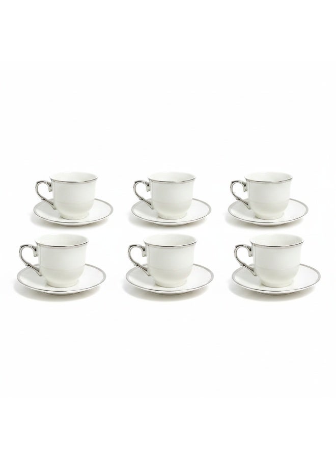 AKDC BAYTIX 12PCS Ceramic Cup & Saucer Set | 220ml | Silver Rim Tea Set - Image 1