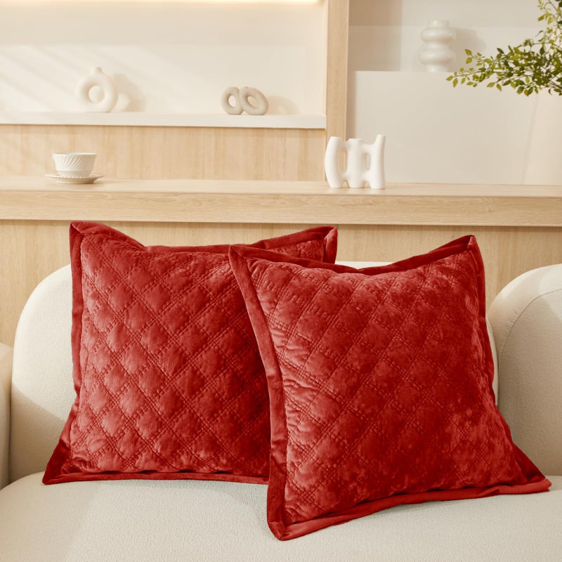 COCOPLOCEUS 1 Piece 18X18 Pillow Cover Red Velvet Quilted Pillow Cover Farmhouse Square Cushion Cover Soft Decorative Texture Pillow Cover for Couch Sofa Bed Bedroom Car Living Room - Image 2