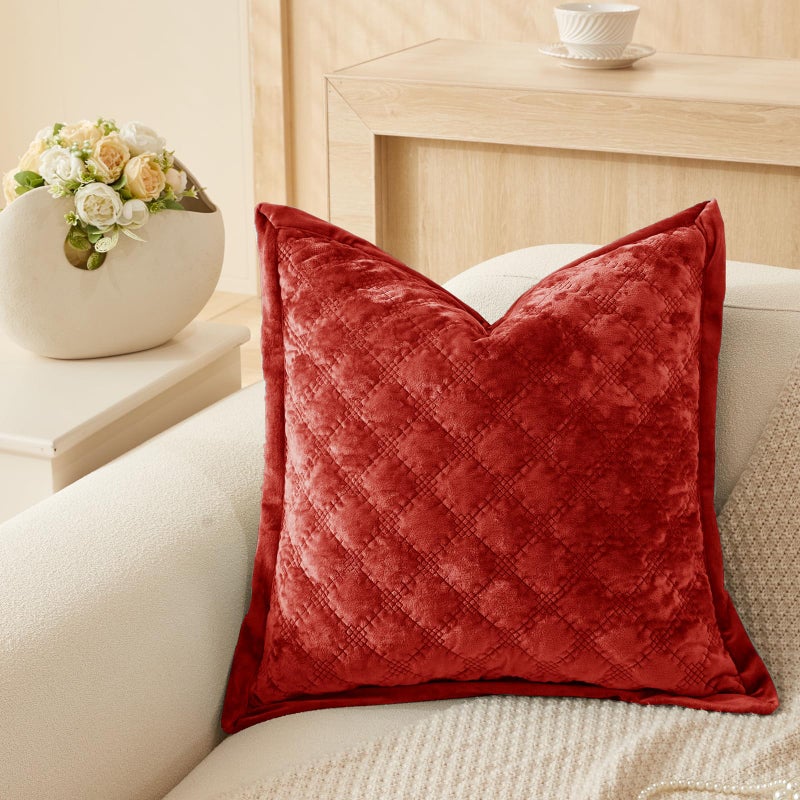 COCOPLOCEUS 1 Piece 18X18 Pillow Cover Red Velvet Quilted Pillow Cover Farmhouse Square Cushion Cover Soft Decorative Texture Pillow Cover for Couch Sofa Bed Bedroom Car Living Room - Image 1