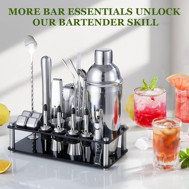 KINGROW Cocktail Shaker Set, 23-Piece Stainless Steel Bartender Kit with Acrylic Stand & Cocktail Recipes Booklet, Professional Bar Tools for Drink Mixing, Home, Bar, Party (Include 4 Whiskey Stones) - Image 2