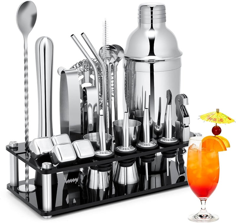 KINGROW Cocktail Shaker Set, 23-Piece Stainless Steel Bartender Kit with Acrylic Stand & Cocktail Recipes Booklet, Professional Bar Tools for Drink Mixing, Home, Bar, Party (Include 4 Whiskey Stones) - Image 1