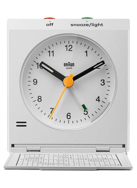 Braun Classic Analogue Travel Alarm Clock with Snooze and Light, Iconic Design, Compact Size, Folding Lid with World Time Zone Map, Quiet Quartz Movement, Crescendo Beep Alarm in White, model BC05W