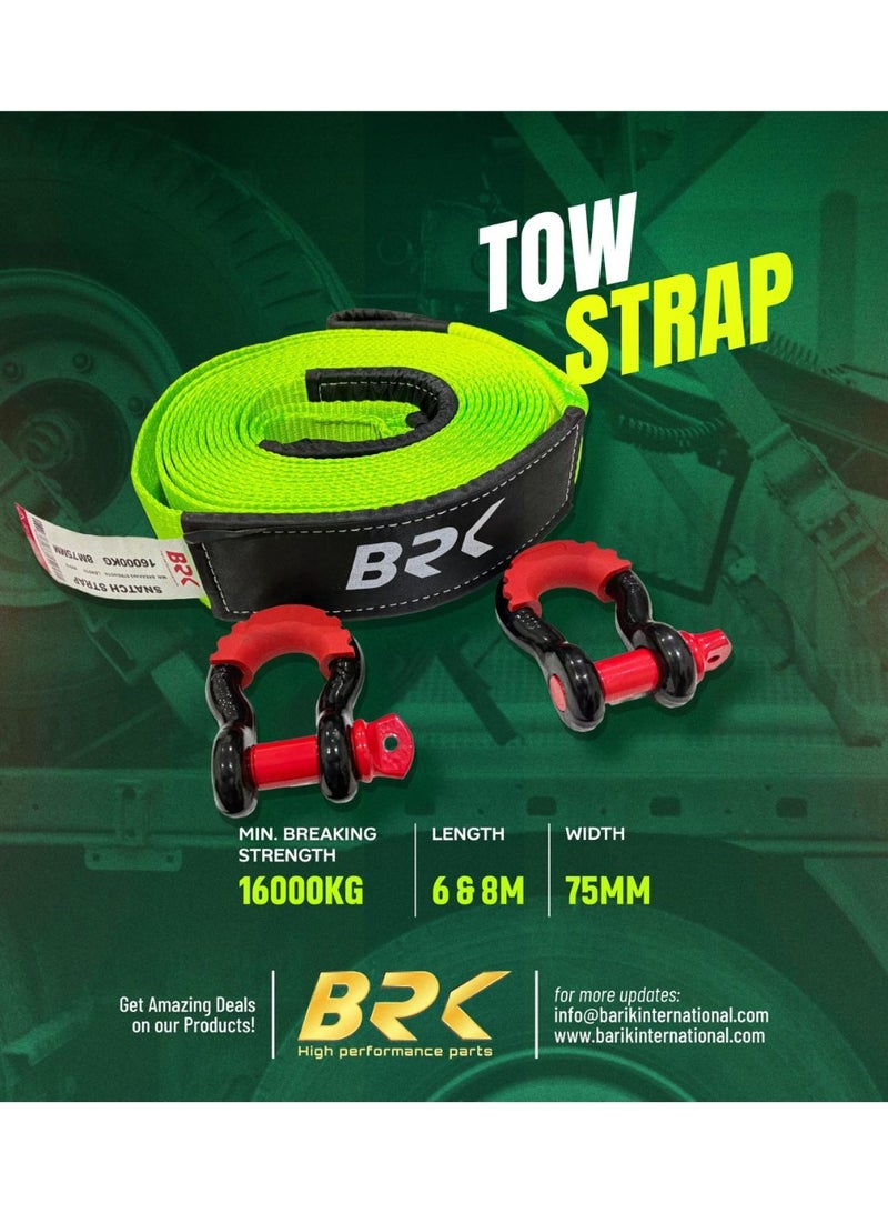 BRK High Performance Tow Rope, Neon Green, 16,000kg Tensile Strength, 6.8m x 75mm, with Red Hooks for Vehicles