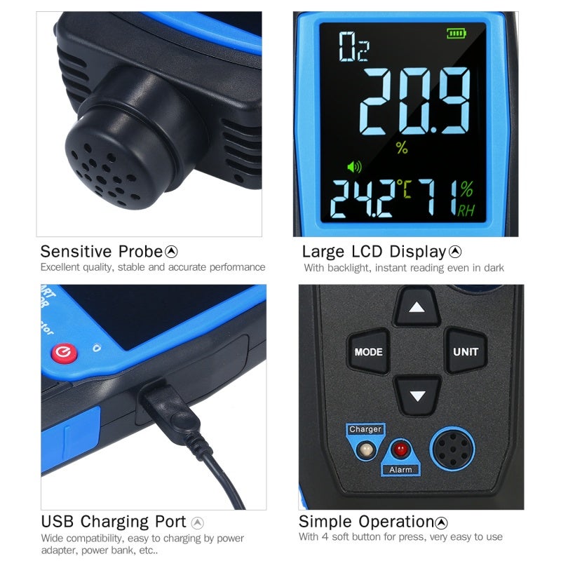 SMART SENSOR Handheld Oxygen Meter 0-25% Rechargeable Gas Detector - Professional O2 Tester with Backlit LCD Display - Adjustable Alarm O2 Meter for Industrial Safety - Image 3