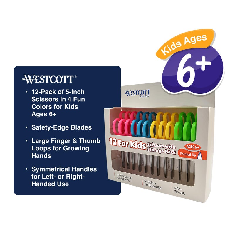 Westcott Right & Left-Handed Scissors For Kids - Back to School Essentials, Classroom Must Haves, Art Supplies - 5-Inch Pointed Safety Scissors - Assorted Colors - 12 Pack (ACM13141) - Image 2
