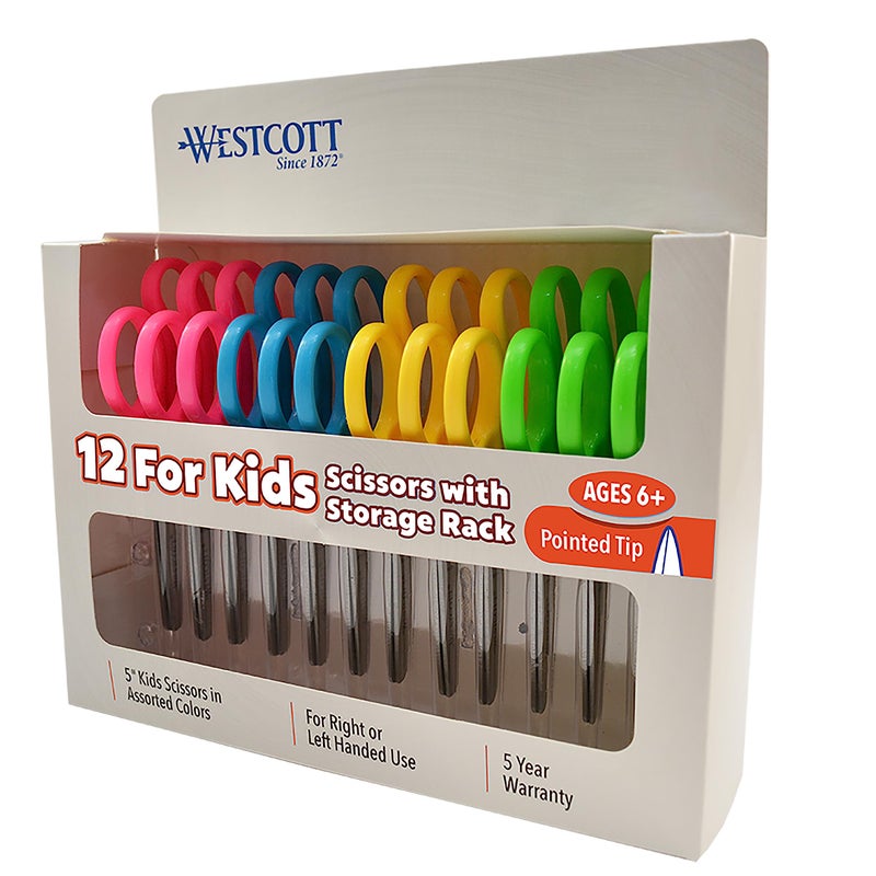 Westcott Right & Left-Handed Scissors For Kids - Back to School Essentials, Classroom Must Haves, Art Supplies - 5-Inch Pointed Safety Scissors - Assorted Colors - 12 Pack (ACM13141) - Image 1