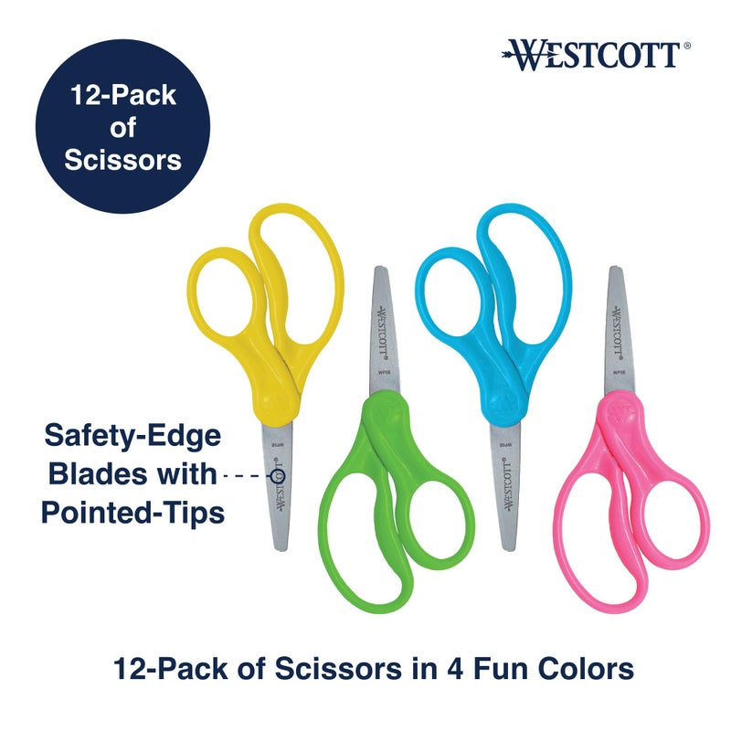 Westcott Right & Left-Handed Scissors For Kids - Back to School Essentials, Classroom Must Haves, Art Supplies - 5-Inch Pointed Safety Scissors - Assorted Colors - 12 Pack (ACM13141) - Image 3