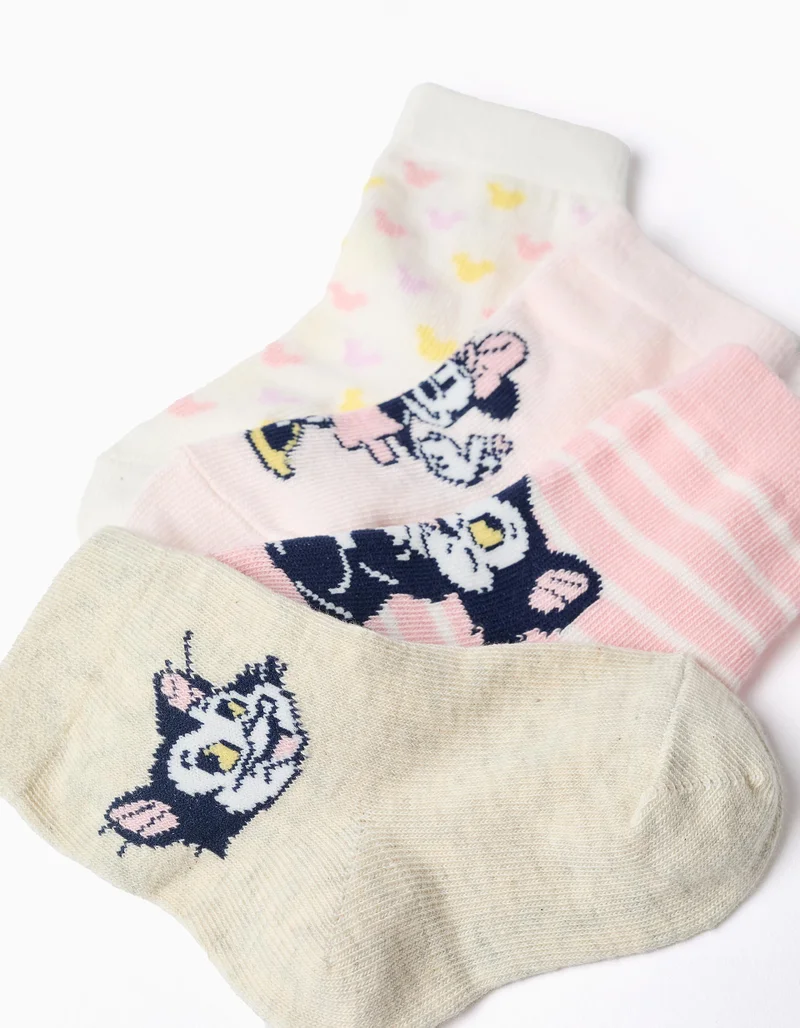 Ziddy 4 Pairs Of Socks With Minnie & Figaro Prints For Baby Girls, Multicolour