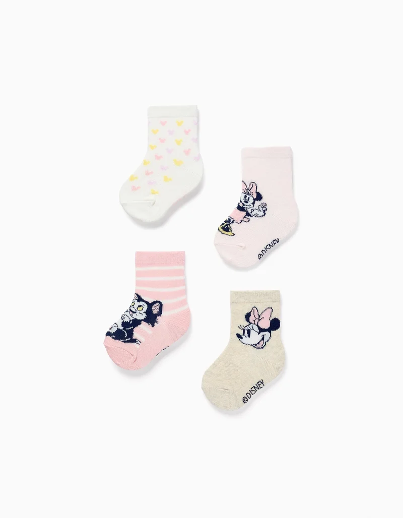Ziddy 4 Pairs Of Socks With Minnie & Figaro Prints For Baby Girls, Multicolour