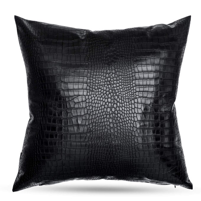 BLACK CROCODILE SKIN THICK SOFT FAUX LEATHER PILLOW COVER 18X18 INCHES CROCODILE THROW PILLOW CASE FARMHOUSE DECOR MINIMALIST ACCENT DECORATIVE SOFA CUSHION THICK SOFT COVERS