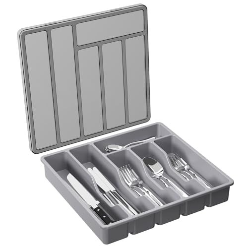 Lifewit Silverware Organizer with Lid, Covered Utensil Tray for Kitchen Drawer and Countertop, Plastic Cutlery and Flatware Storage Box for Spoons Forks Knives Holder Case, 6 Compartments, Gray - Image 5