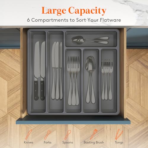 Lifewit Silverware Organizer with Lid, Covered Utensil Tray for Kitchen Drawer and Countertop, Plastic Cutlery and Flatware Storage Box for Spoons Forks Knives Holder Case, 6 Compartments, Gray - Image 3
